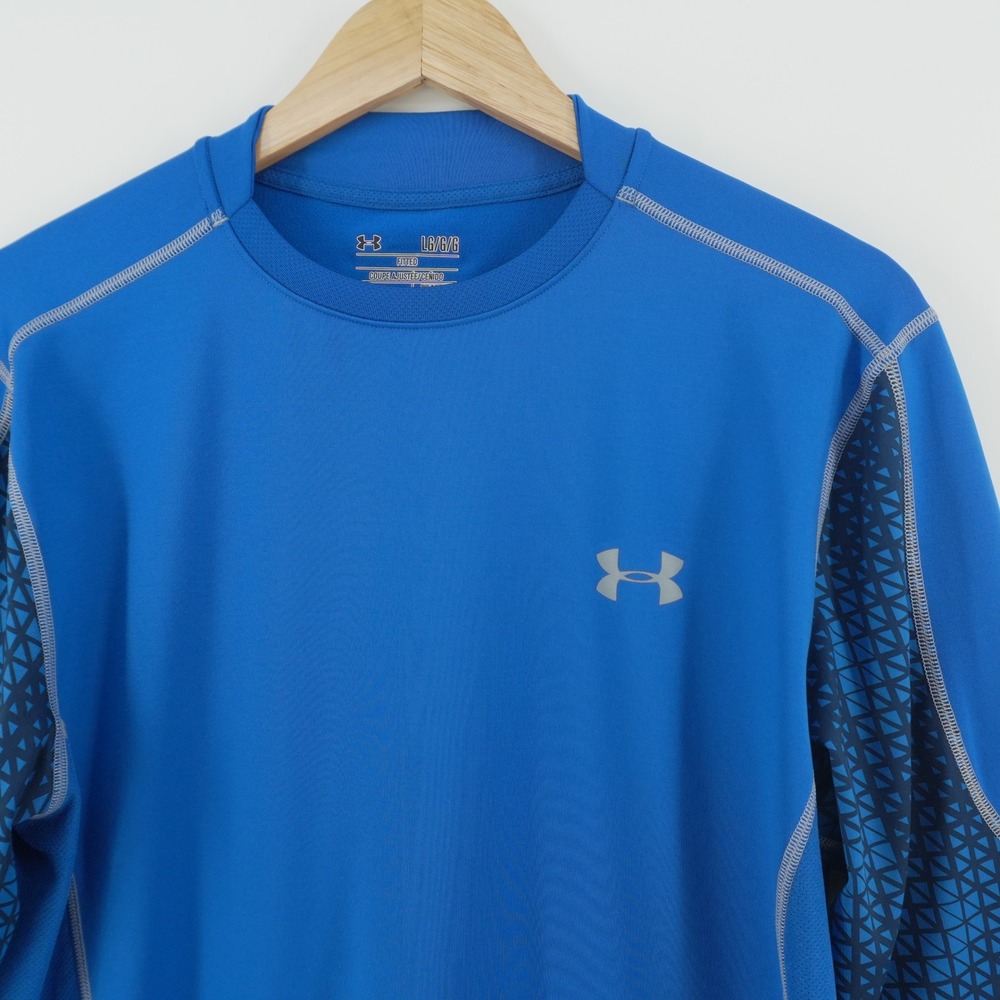 Under Armour ColdGear Shirt Mens Large Blue Geometric Fitted Long Sleeve
